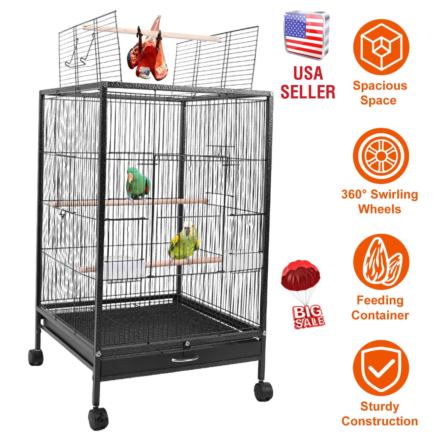 LJGelectro - 30.31In Height Bird Cage With Rolling Stand Bottom Tray Wrought Iron Wide Top Opening Large Bird Cage For Parrot Conure Lovebird Cockatiel Parakeets C