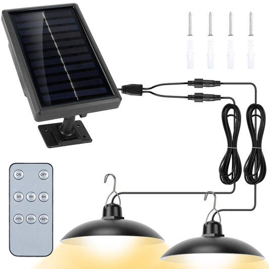 LJGelectro - Solar Shed Lights Dual Lighting Heads Dimmable Timing Auto Sensor Turn Off Hanging Lamp IP65 Waterproof Remote Control Pendant Light For Garden Patio