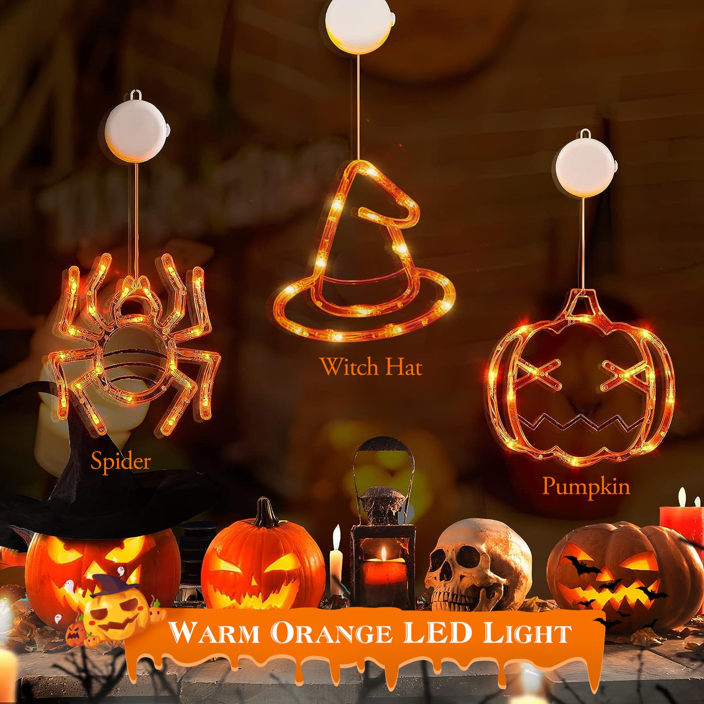 LJGelectro - 3 Pack Halloween Window Light Spider Witch Hat Pumpkin with Orange Light Hanging Halloween Decoration Light with Suction Cup Hanging Holes