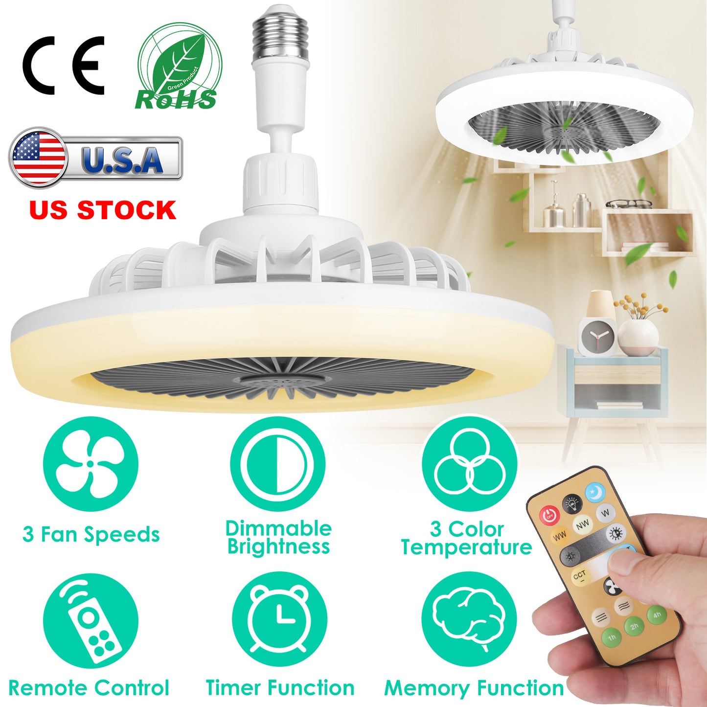 LJGelectro - Ceiling Fan With Lights Remote Control 9.44in E27 Socket Fanlight with Dimmable Dimming Light Color Brightness 3 Fan Speed Timer Function