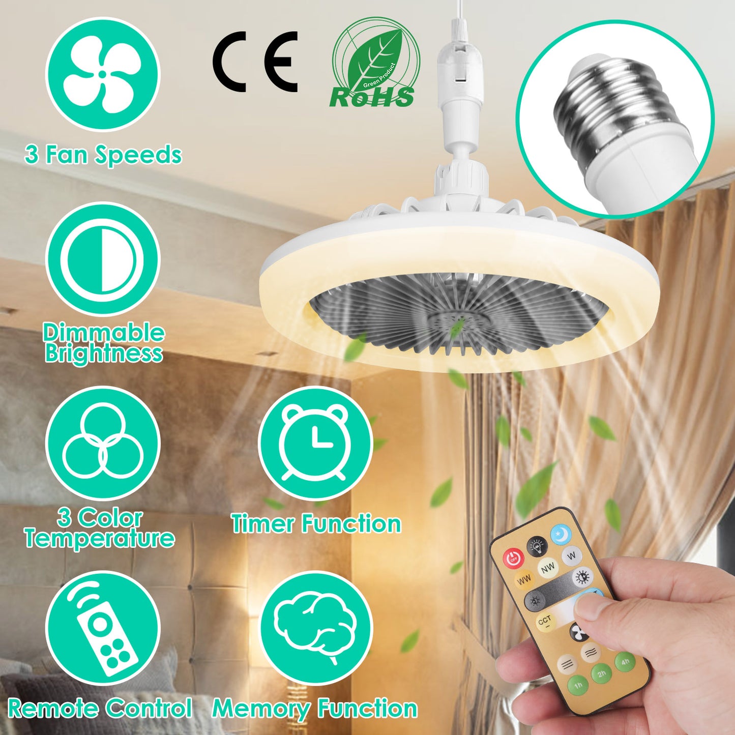 LJGelectro - Ceiling Fan With Lights Remote Control 9.44in E27 Socket Fanlight with Dimmable Dimming Light Color Brightness 3 Fan Speed Timer Function