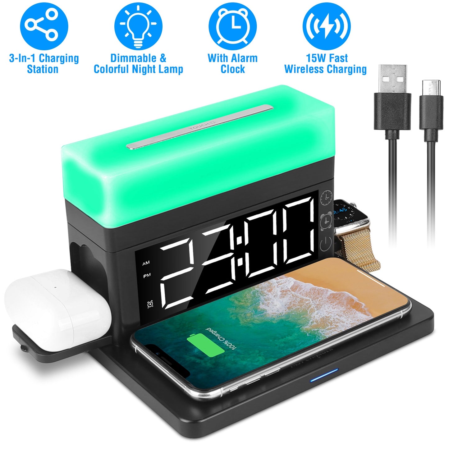 LJGelectro - 3 in 1 Wireless Charger Fast Charging Station Dock with Alarm Clock and Dimmable Colorful Night Light Fit for iPhone 14/13/12/11/Pro Max/iWatch/AirPod