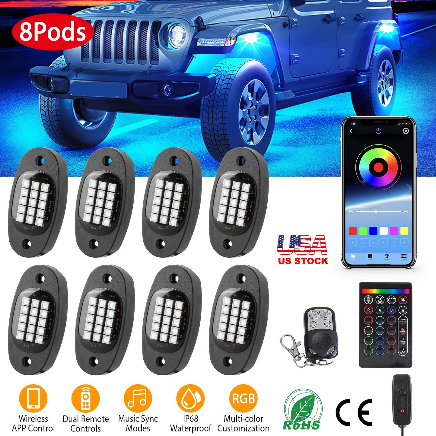 LJGelectro - 8 Pods RGB LED Rock Lights DC12V Car Neon Light Kit IP68 Waterproof Underglow Lights with Double Remote Controls Wireless APP Control for Jeep Truck U