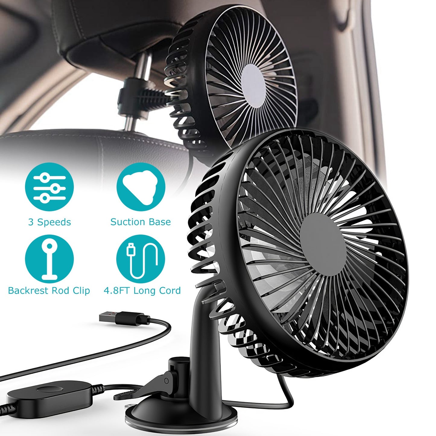 LJGelectro - Car Cooling Fan Portable Rotatable USB Vehicle Fan Backseat Clip Fan Dashboard Window Suction Fan for SUV RV Pickup with 3 Speeds