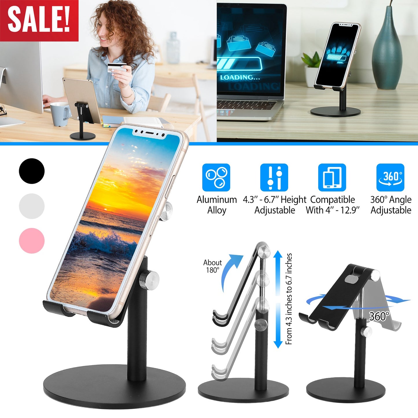 LJGelectro - Cell Phone Stand Universal Tablets Phones Stand Holder Height Angle Adjustable Desktop Phone Stand No-Slip Aluminum Alloy Thick Case Friendly Phone Ho