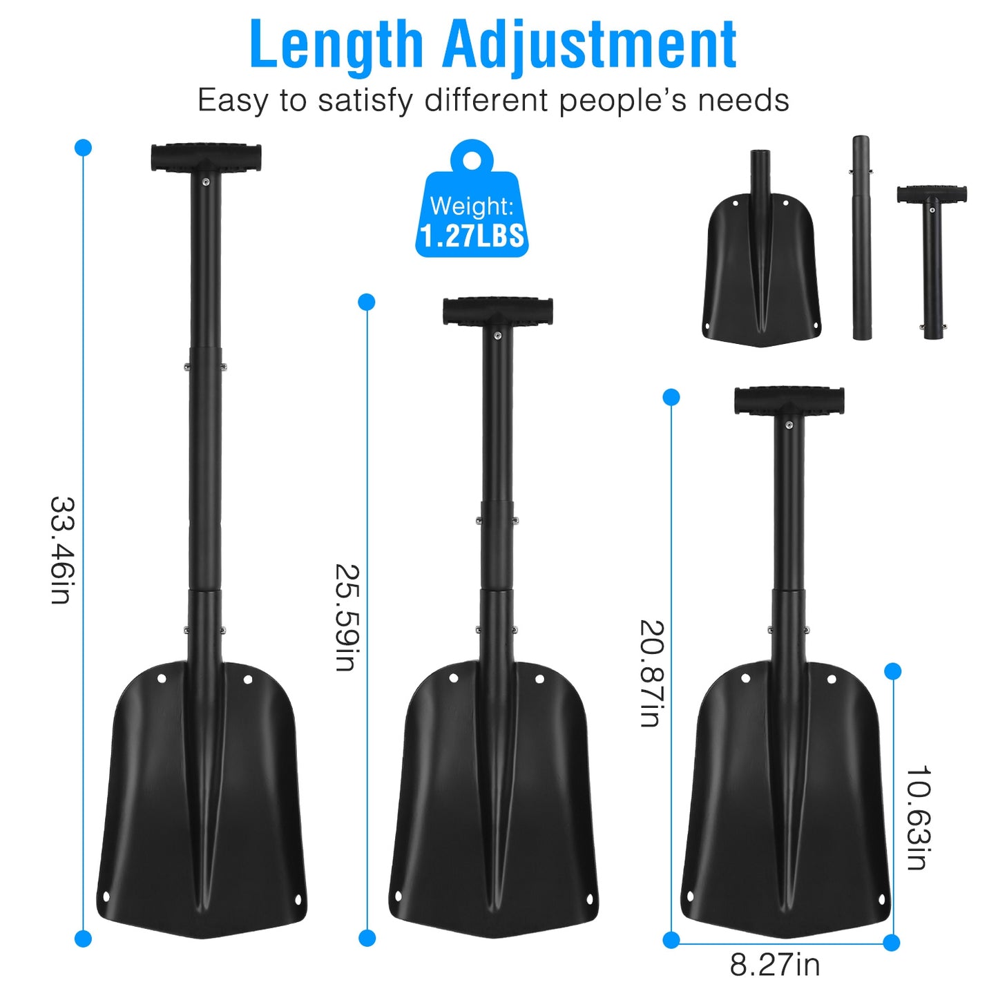 LJGelectro - Aluminum Snow Shovel Portable Lightweight Camping Garden Beach Shovel with 3 Section Collapsible Adjustable Length Anti-Skid Handle