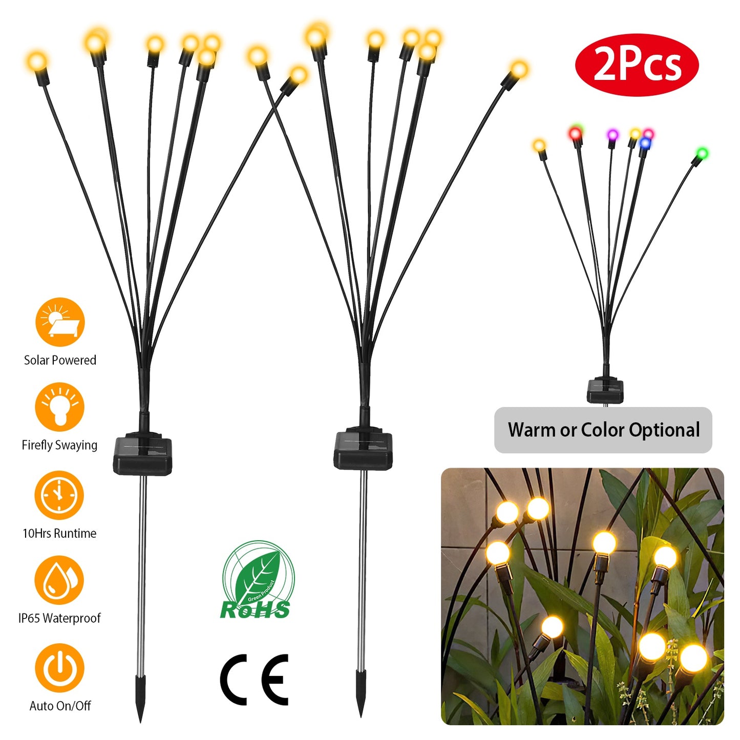 LJGelectro - 2Pcs Solar Firefly Lights Swaying Decorative Pathway Lamp IP65 Waterproof Landscape Patio Yard Night Light