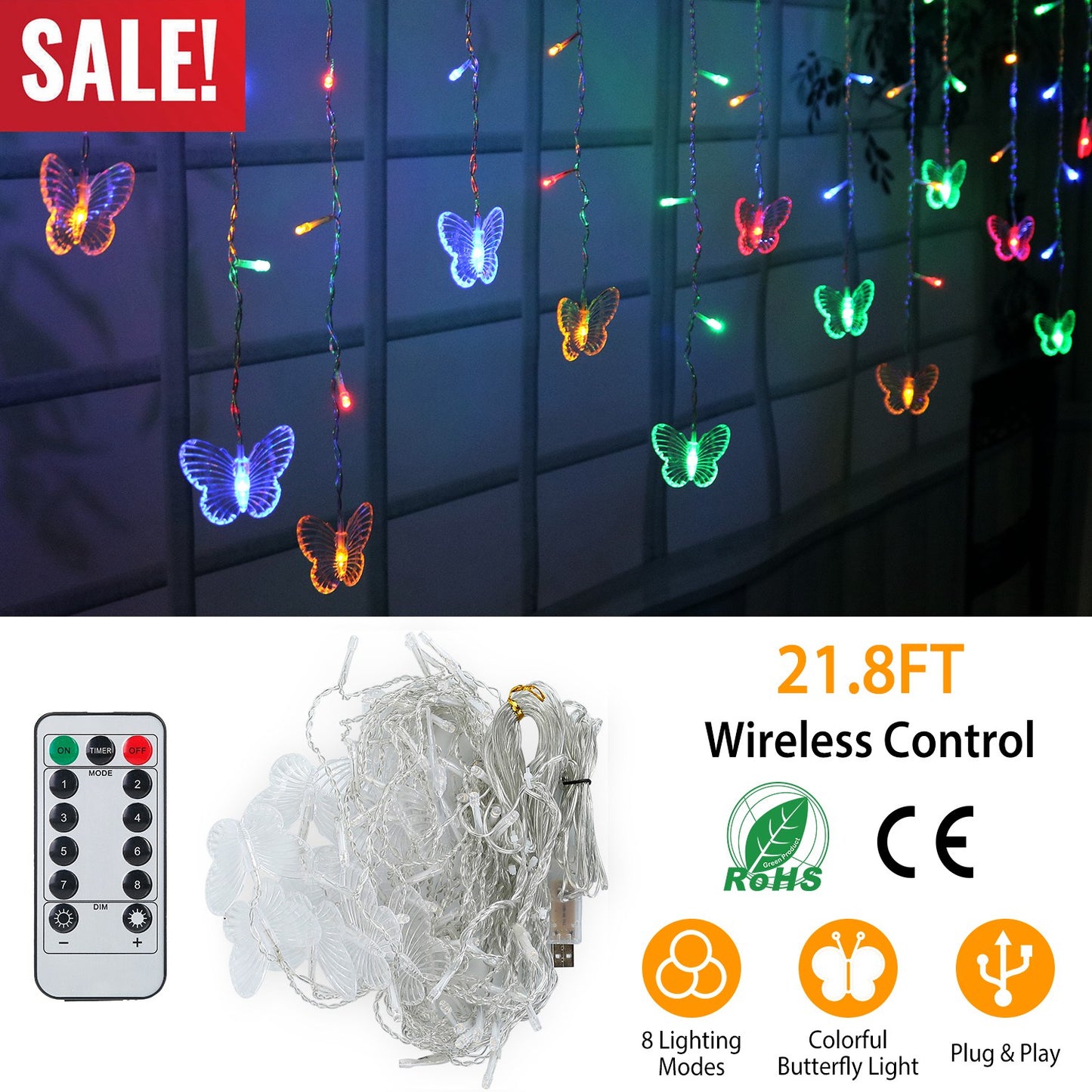 LJGelectro - Butterfly Curtain String Lights USB Powered Colorful LED Fairy Lamps w/8 Modes 96 LED Remote Control 11.5ft for Bedroom Weddings Christmas Party Decor