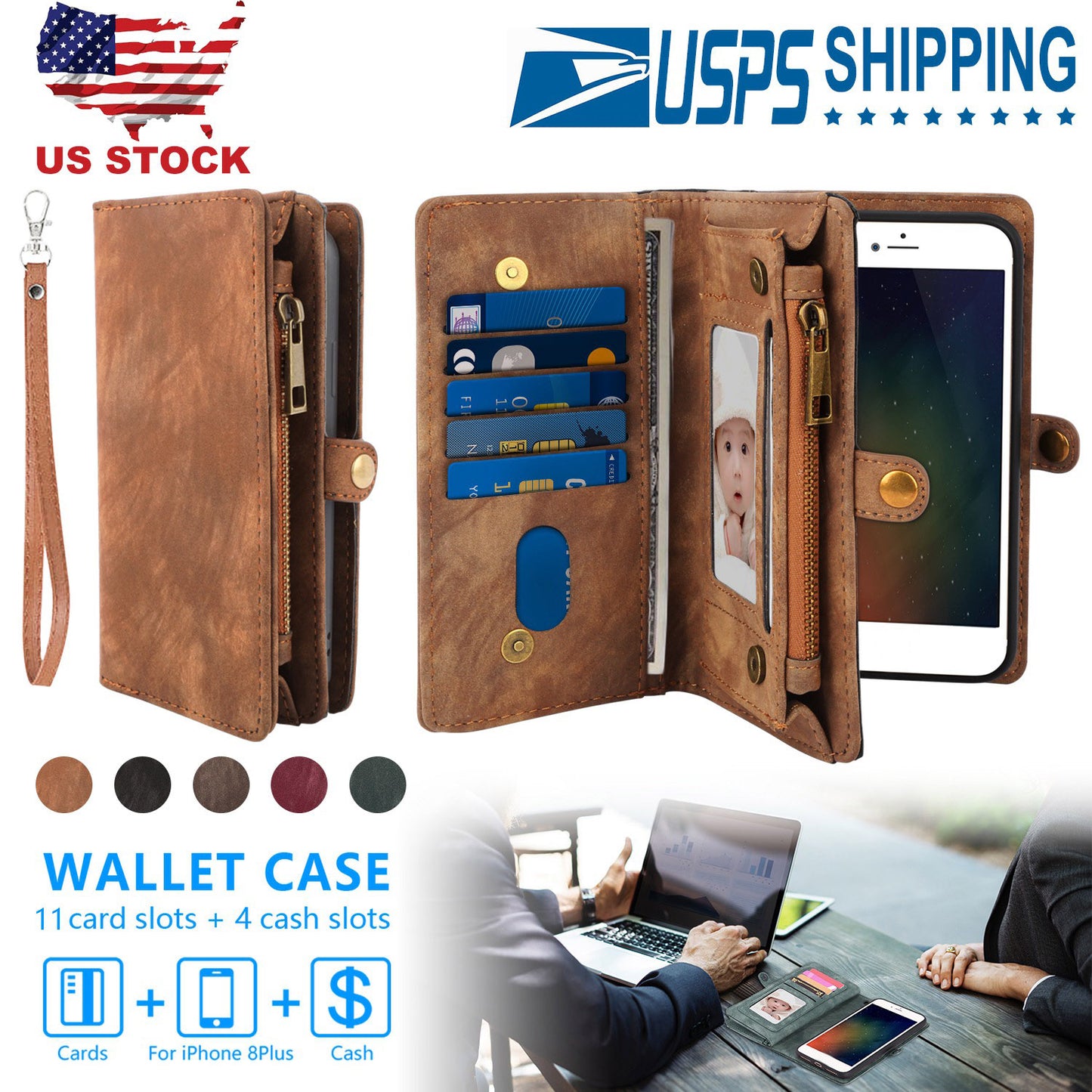 LJGelectro - Phone Wallet Case For iPhone 8 Plus Portable Wallet Case 2 in 1 Leather Zipper Magnetic Detachable 15 Card Slots Money Pocket Clutch Cover W/ID Widows