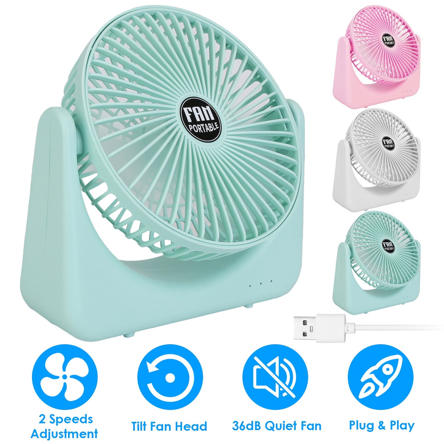 LJGelectro - 6.5in Desk Fan USB Powered 2 Speeds Table Cooling Fan Tilt Quiet Desktop Fan for Bedroom Office