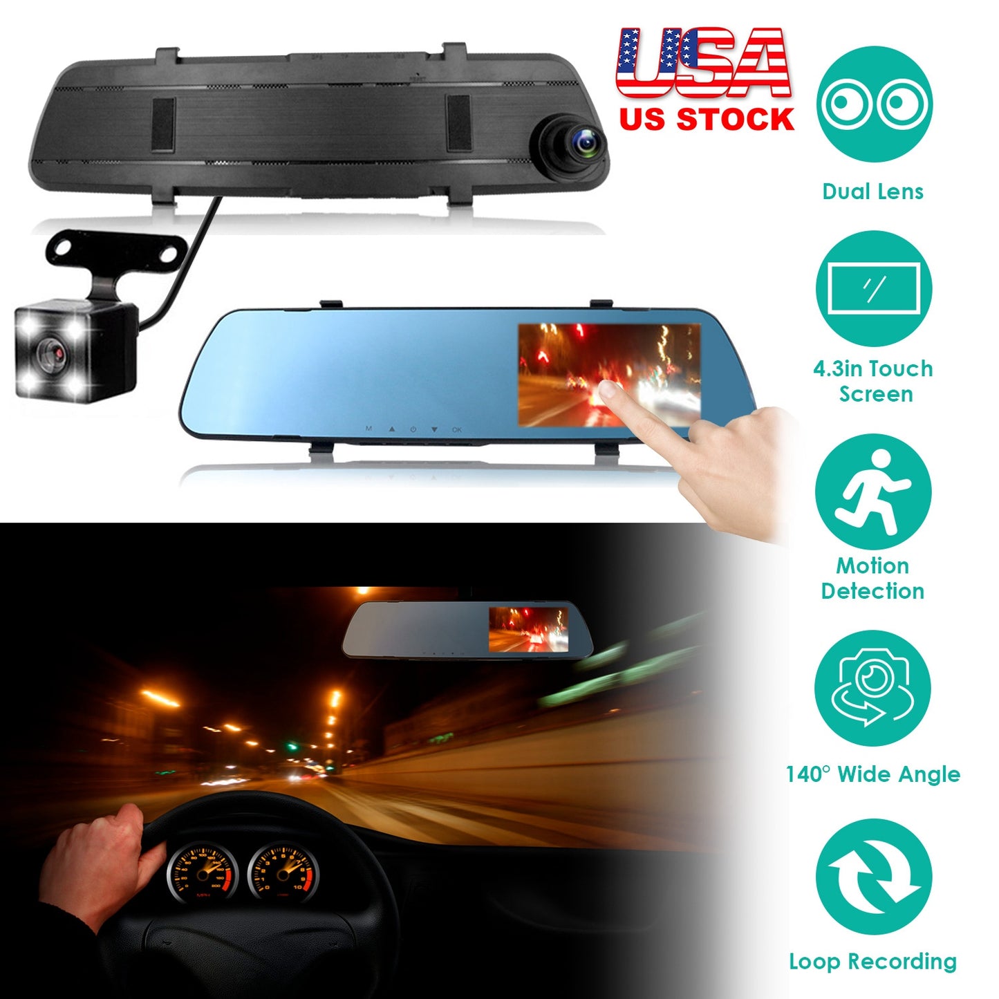 LJGelectro - 1080P Car DVR 4.3in Camera Dash Cam Camcorder Camera Recorder with 140° Angle Loop Recording Motion Detection Picture-in-Picture Display G-sensor