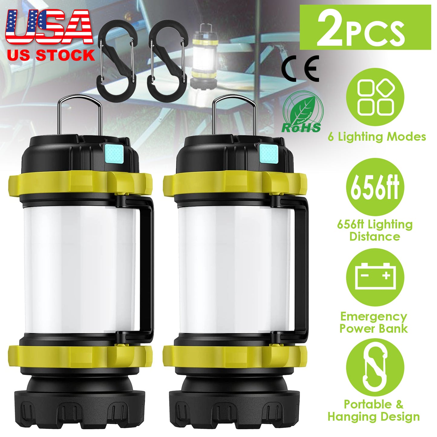 LJGelectro - 2Pcs Camping Lantern Rechargeable Flashlight Torch Power Bank Portable Tent Light Lamp USB Rechargeable for Hiking Fishing Emergency Outdoor