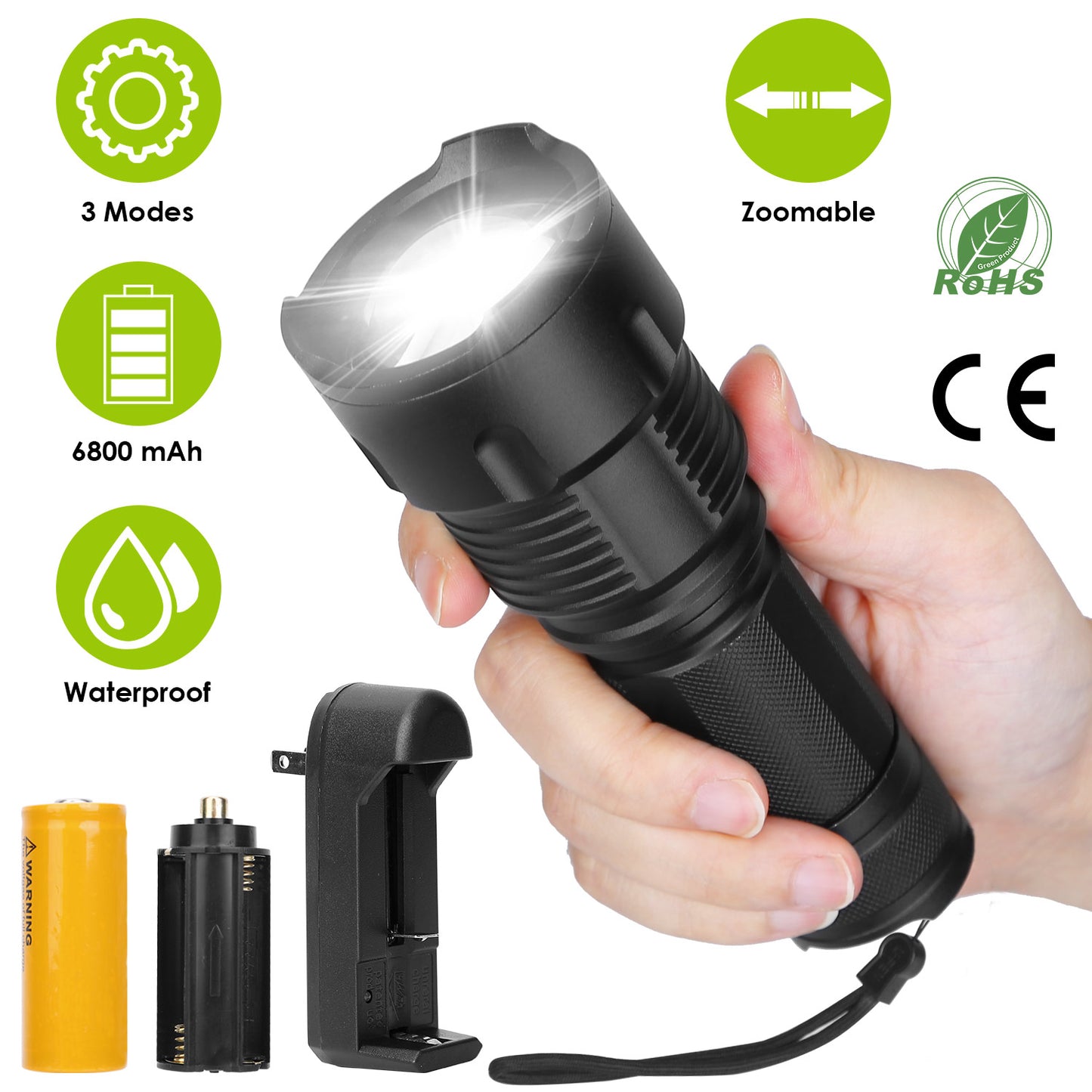 LJGelectro - LED Rechargeable Flashlight Zoomable Aluminum Alloy Flashlight Torch w/High Low Strobe Night Light For Night Walking Adventure Searching