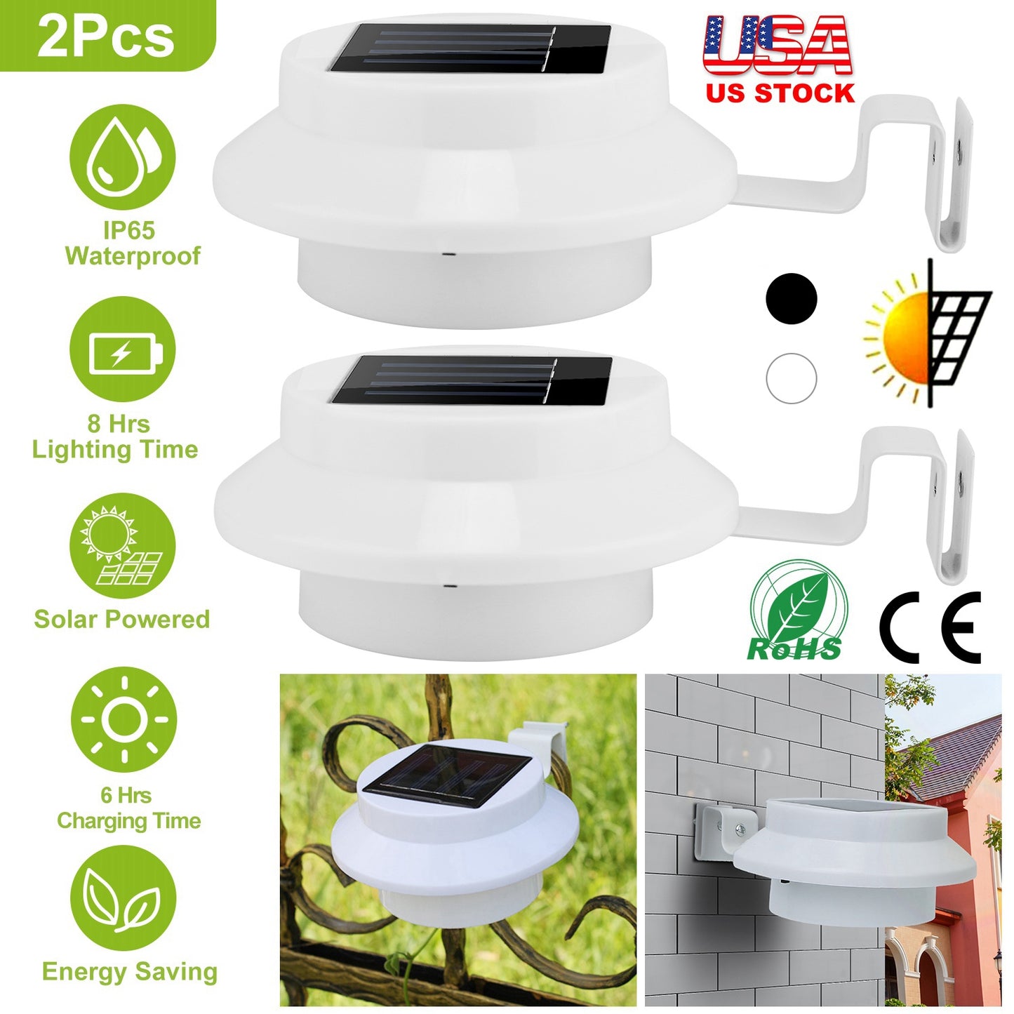 LJGelectro - 2Pcs Solar Powered Gutter Lights Outdoor IP65 Waterproof Dusk to Dawn Sensor Security Lamps Solar Wall Fence Yard Lamps