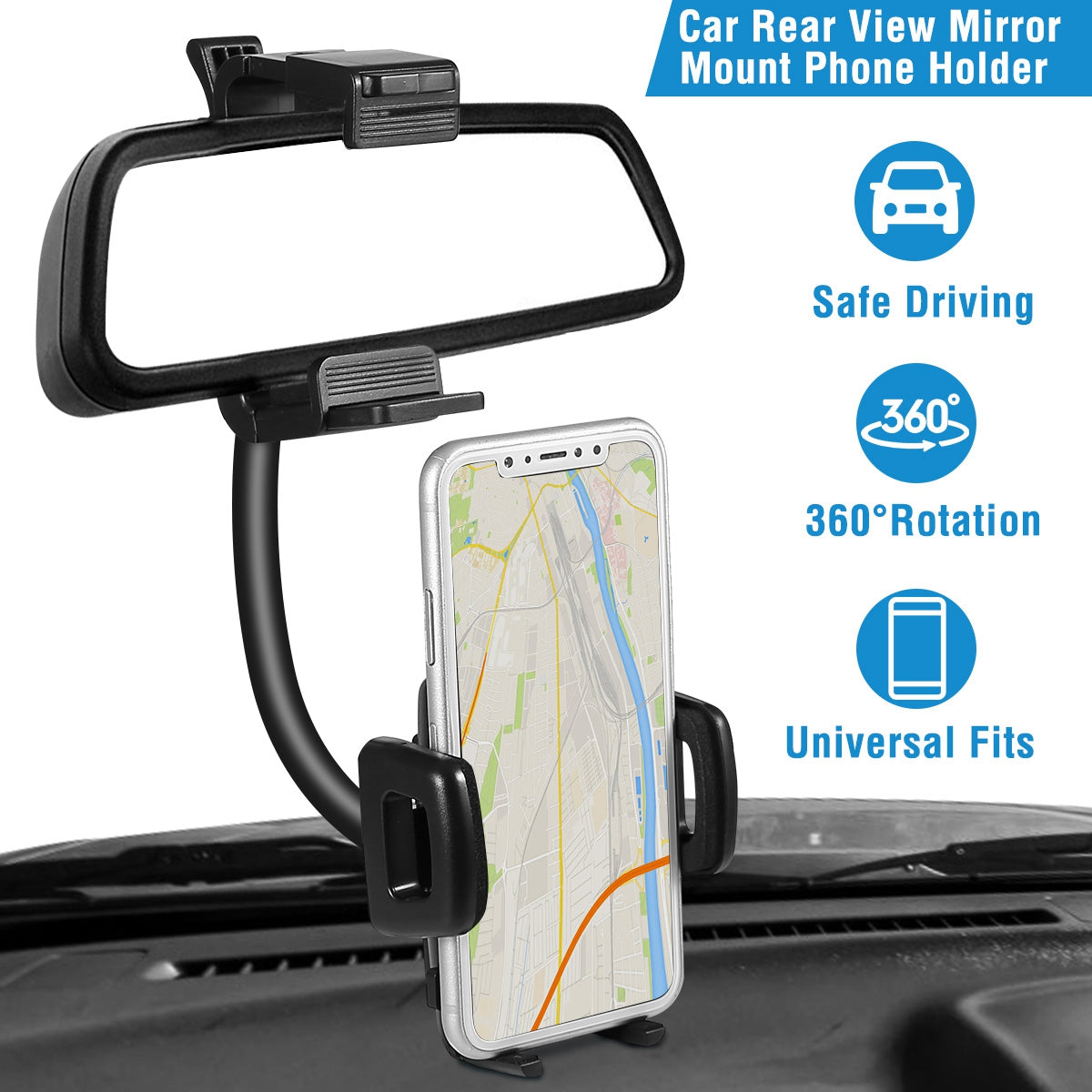 LJGelectro - Rear View Mirror Car Mount Holder Universal 360° Rotation Phone Stand Cradle For iPhone Samsung GPS