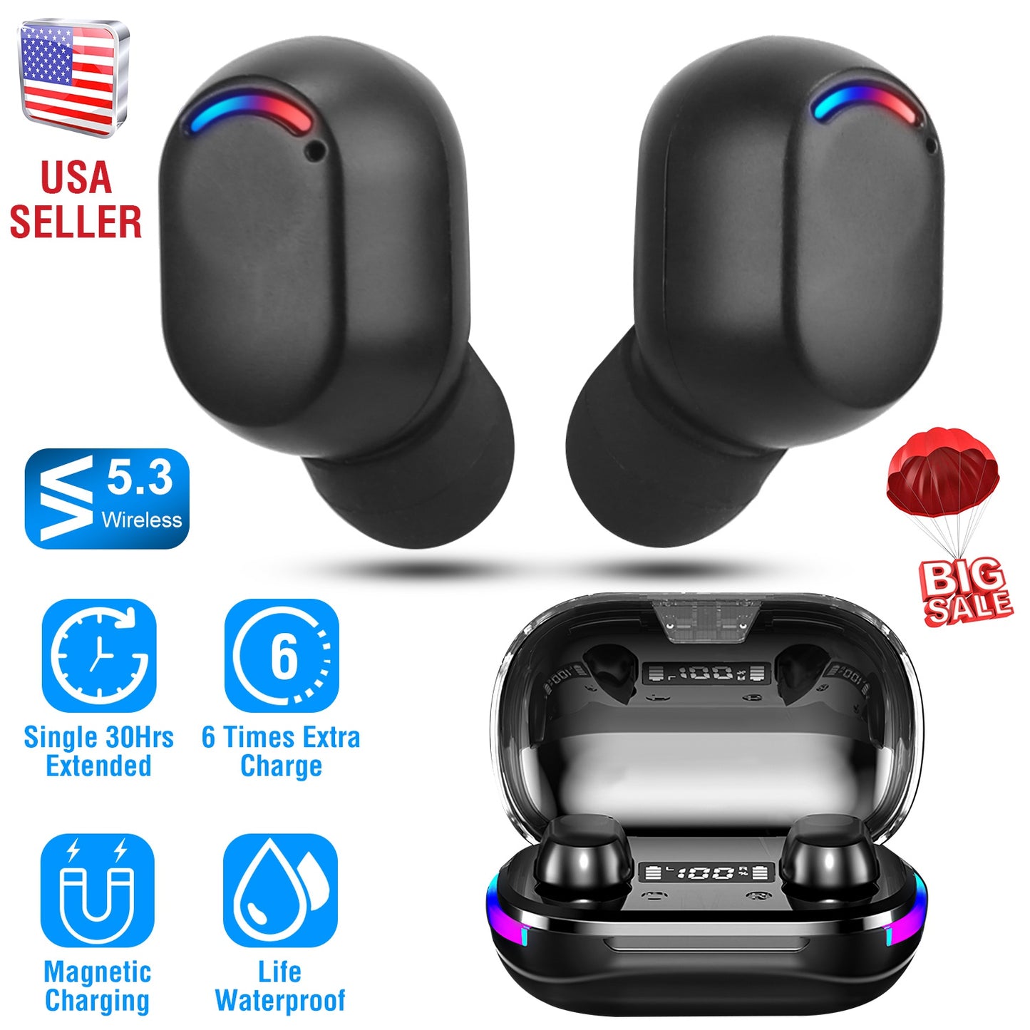 LJGelectro - Wireless V5.3 TWS Earbuds In-Ear Stereo Headset Earphone Earpiece with Microphone Magnetic Charging Dock for Driving Working Traveling