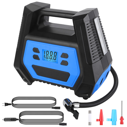 LJGelectro - Portable Tire Inflator 150 PSI 120W Max Power Tire Pump with Digital Display LED Light Inflatable Nozzle Needle Fuse Air Compressor for Bikes Motorbik