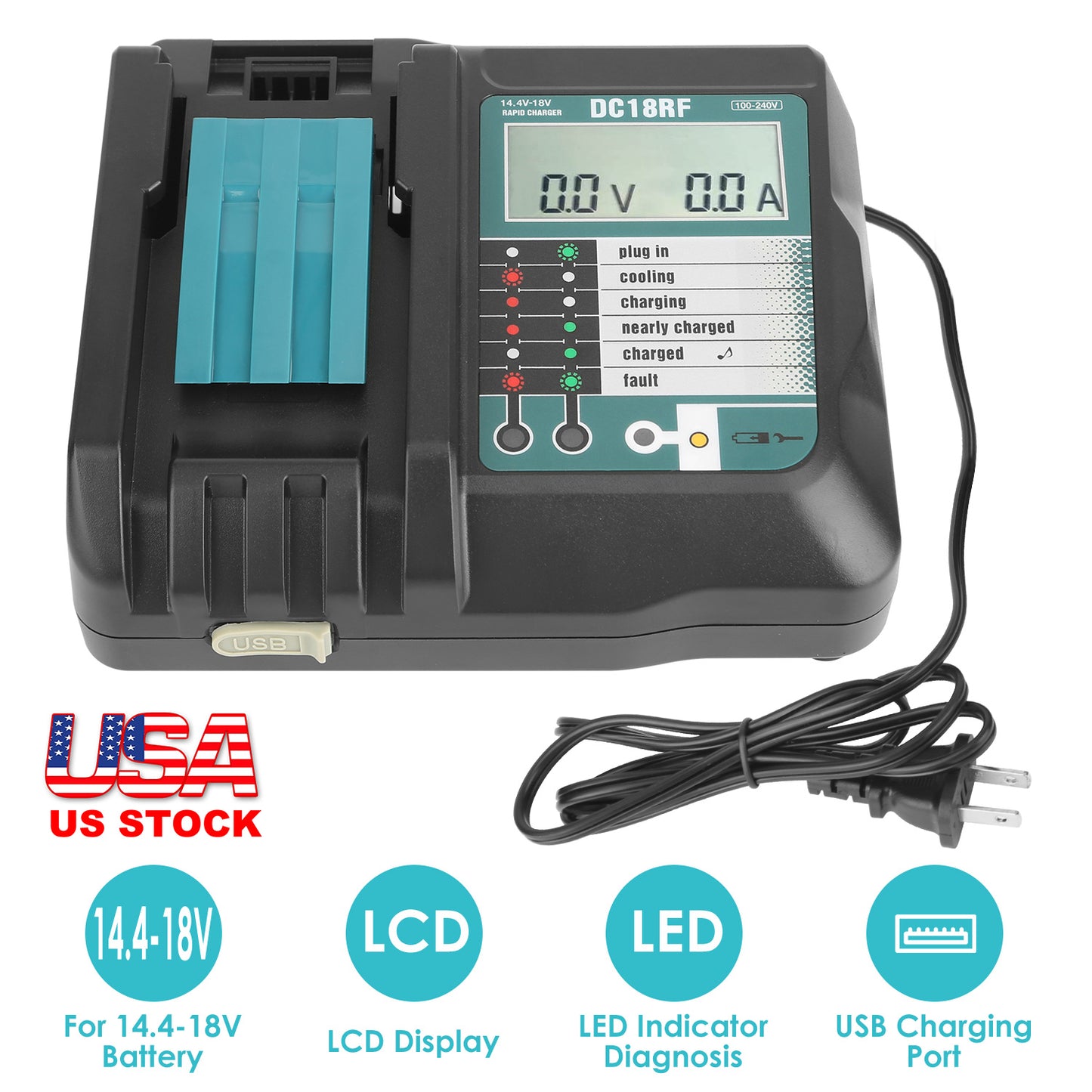 LJGelectro - Rapid Charger Replacement Fit for Makita 14.4-18V Battery BL1860 BL1830 BL1850 with
 
 LCD Display USB Port