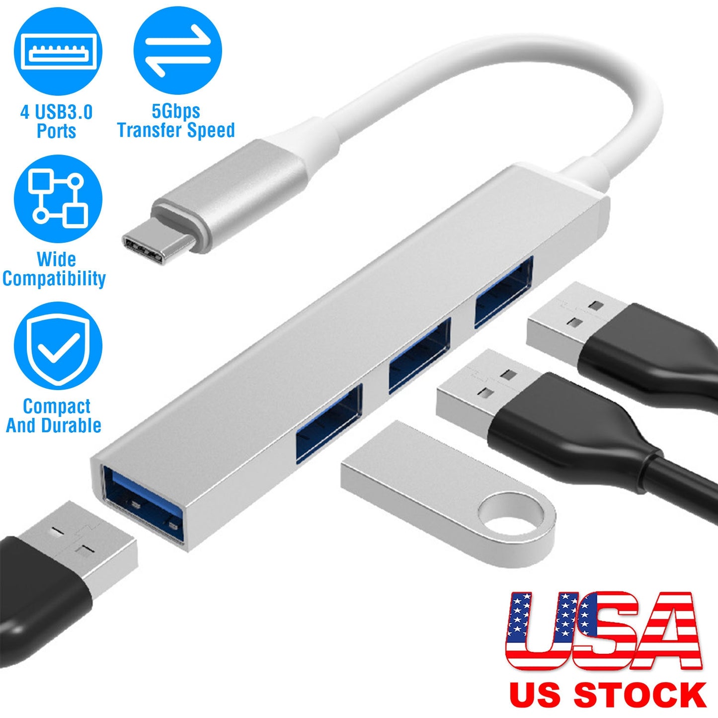 LJGelectro - Type C to USB 3.0 Hub USB-C 4 Port USB C Adapter Expander Multi Splitter for Macbook PC Mac iPad