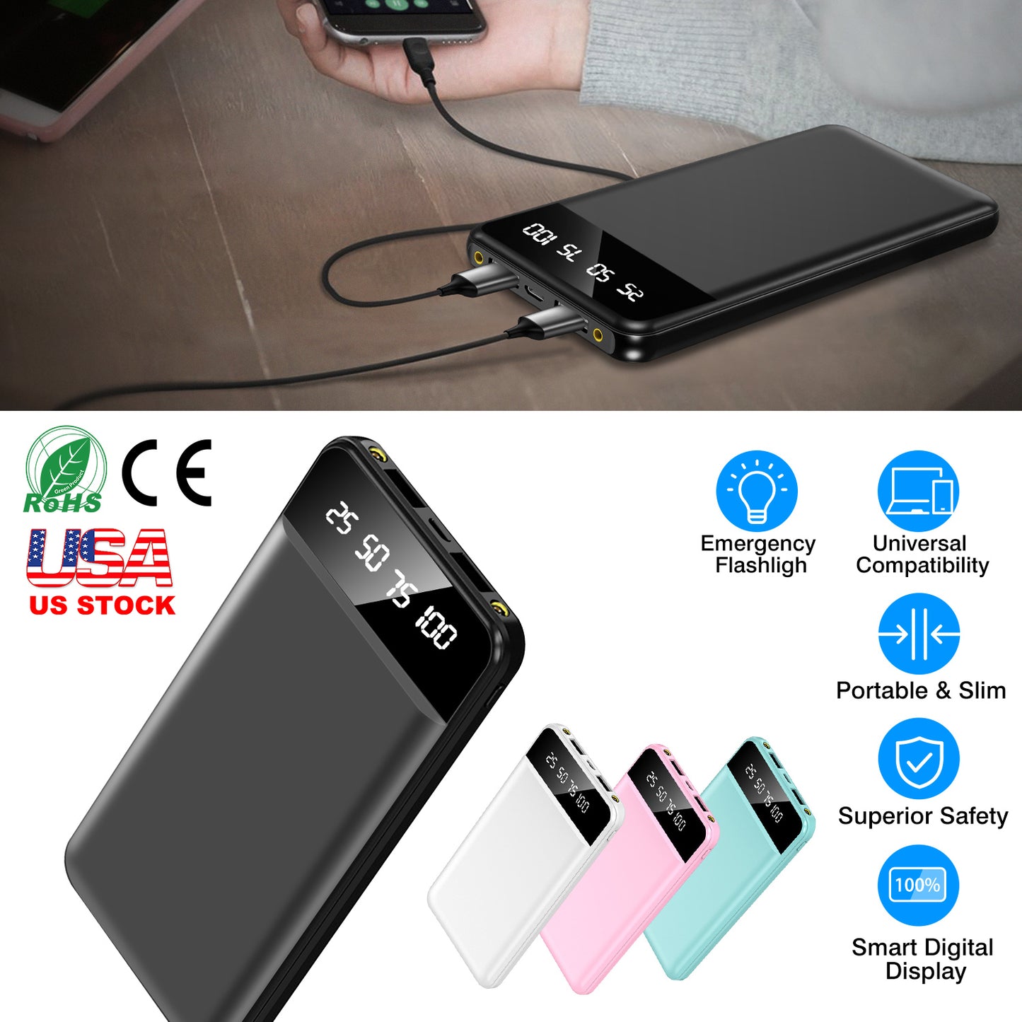 LJGelectro - 10000mAh Power Bank Portable Ultra Slim Charger External Battery Pack with 2 USB Output Ports Charging Cable LED Flashlight Compatible with IOSPhone 1