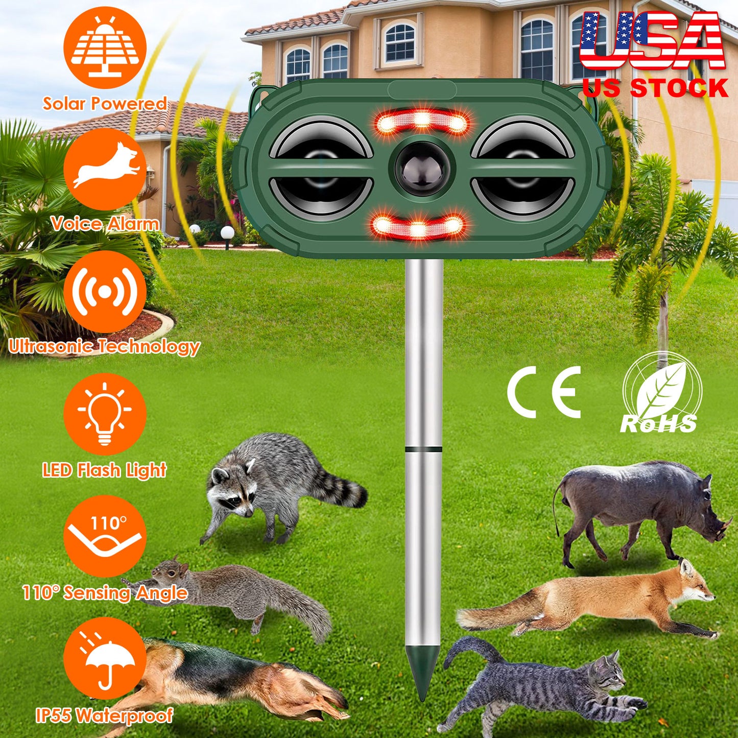 LJGelectro - Solar Ultrasonic Animal Repeller Motion Sensor Animal Repellent USB Animal Chaser IP66 Waterproof for Farm Garden Yard to Drive Deer Raccoon Squirrel