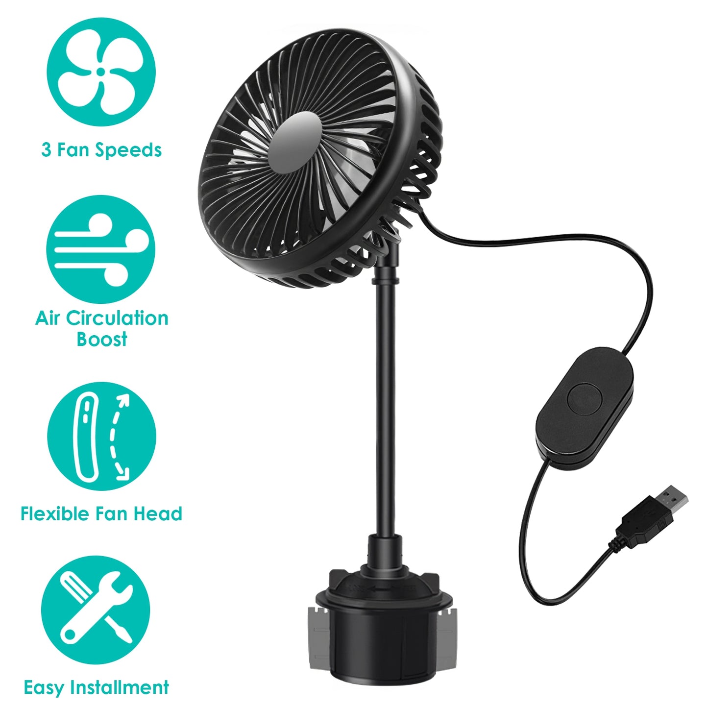 LJGelectro - Car Cooling Fan Portable Car Cup Holder Fan Adjustable Gooseneck Fan with 3 Speeds for Car Van Truck SUV RV