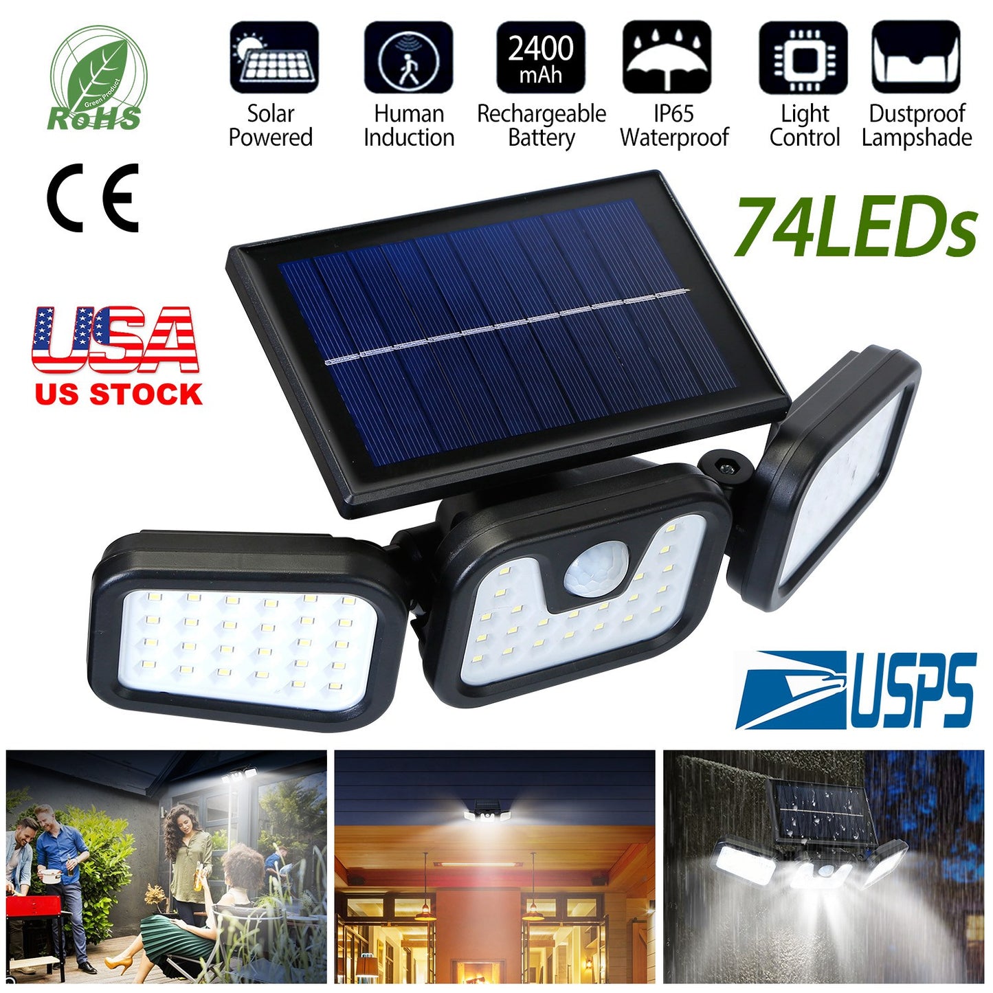 LJGelectro - Solar Wall Lamp 74 LEDs 3 Adjustable Head Motion Sensor Flood Light IP65 Waterproof Security Light Outdoor 270° Wide Angle Light For Garage Front Door