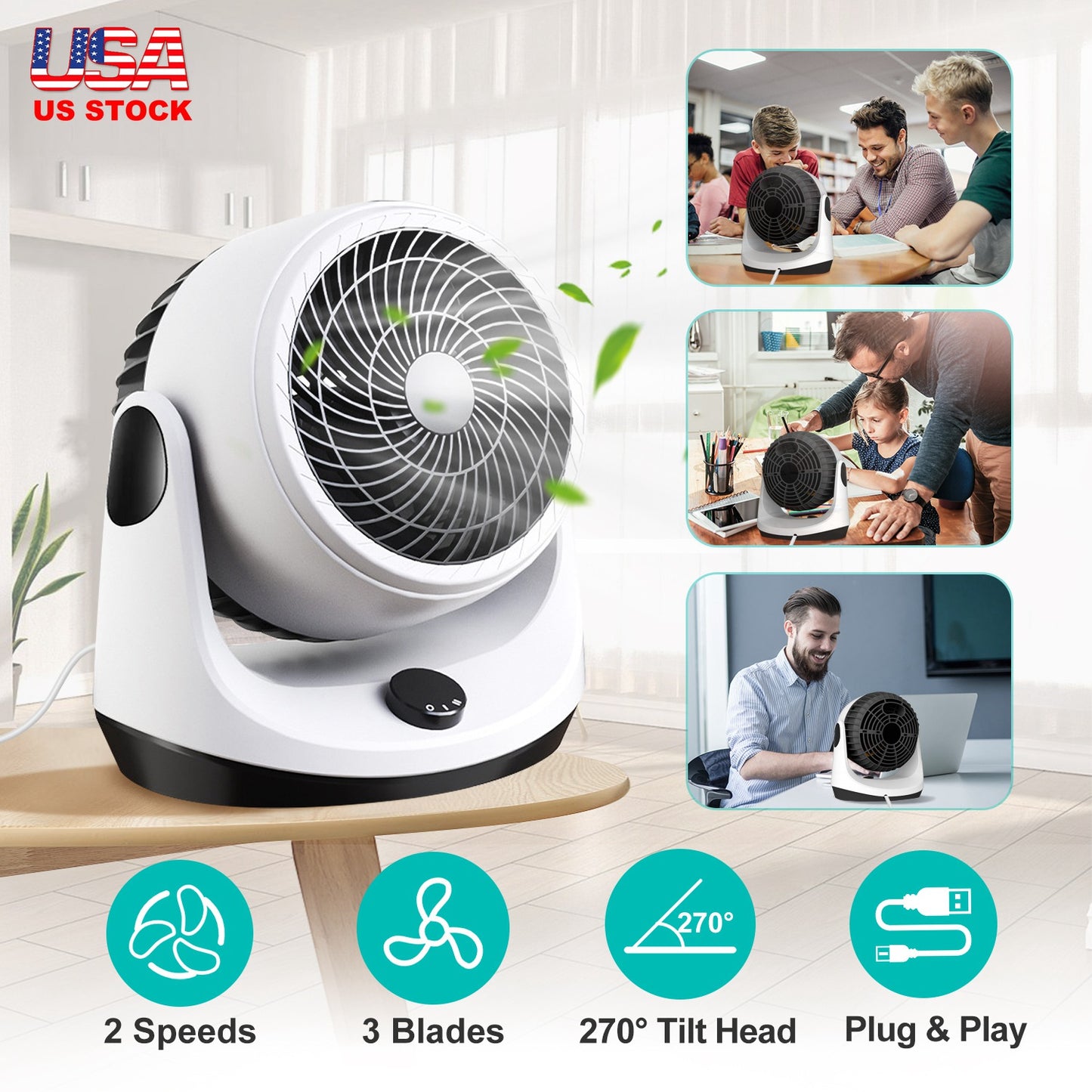 LJGelectro - Table Desktop Fan Air Circulator Office Fan with 2 Speeds 270° Adjustable Head USB Plug Play for Room Office Kitchen Office