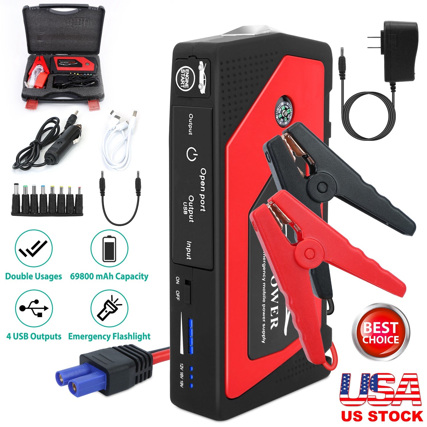 LJGelectro - Car Jump Starter Booster 600A Peak 69800mAh Battery Charger (Up to 6.0L Gas or 4.0L Diesel Engine) 3 Modes LED Flashlight