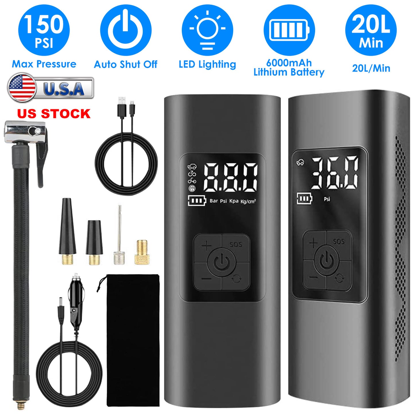 LJGelectro - 150PSI Cordless Car Tire Pump 6000mAh Rechargeable Tire Inflator Portable Air Compressor for Car Bike Motorcycle Ball