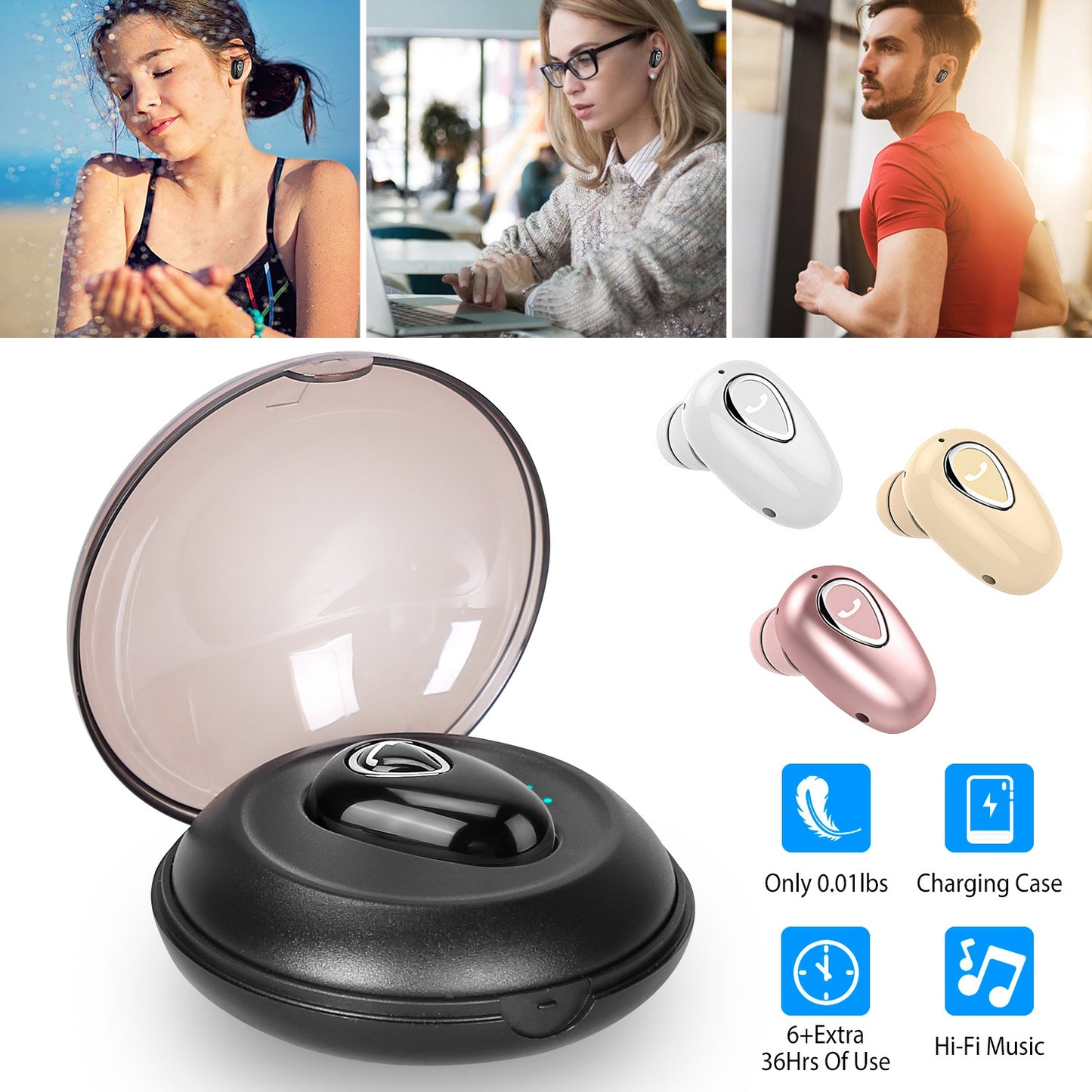 LJGelectro - IPX5 Waterproof Unilateral Wireless Earbud Mini In-Ear Headset Rechargeable with Built-in Mic Charging Case Sweat Resistant Earphone