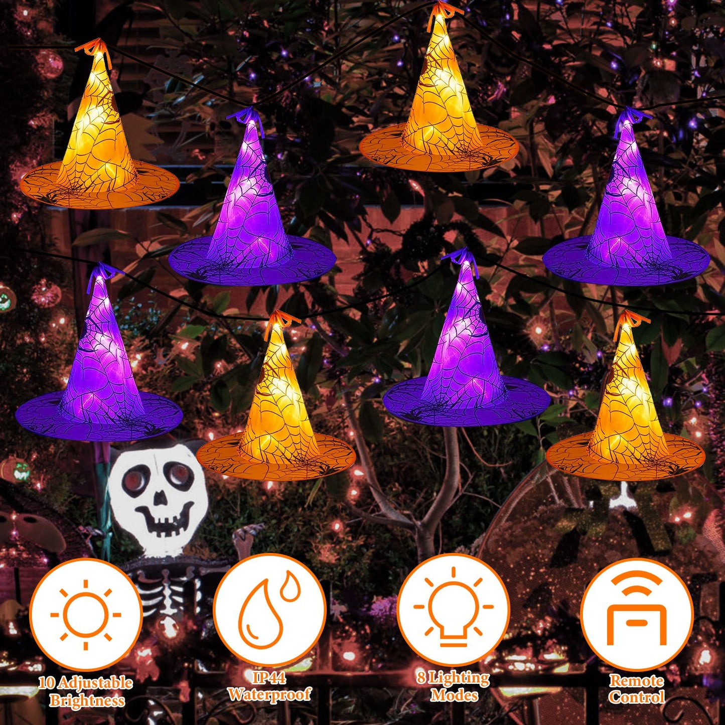 LJGelectro - 8 Pack 13FT Witch Hat Hanging String LED Light Halloween Decoration Battery Powered Remote Control 8 Lighting Modes Glowing Outdoor Indoor Halloween P