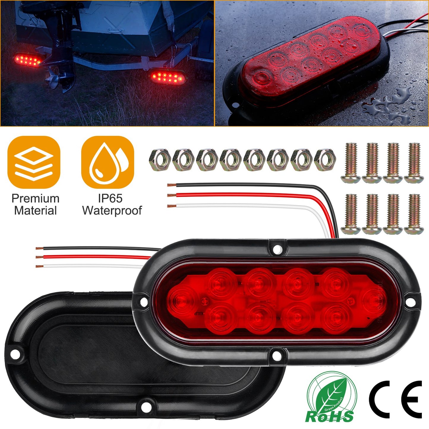 LJGelectro - 2Pcs Oval LED Brake Light 10LEDs Lamp Stop Turn Tail Light IP65 Waterproof Oval Red Trailer Tail Light for Trunk Jeep RV etc.