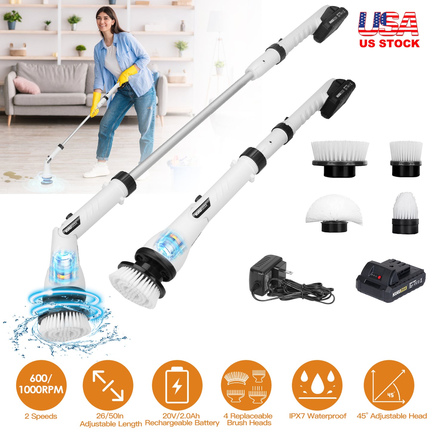 LJGelectro - Electric Spin Scrubber Cordless Handheld Rechargeable Cleaning Brush with 4 Replaceable Heads 600/1000RPM Speeds 26/50in Length 20V/2.0Ah Battery for