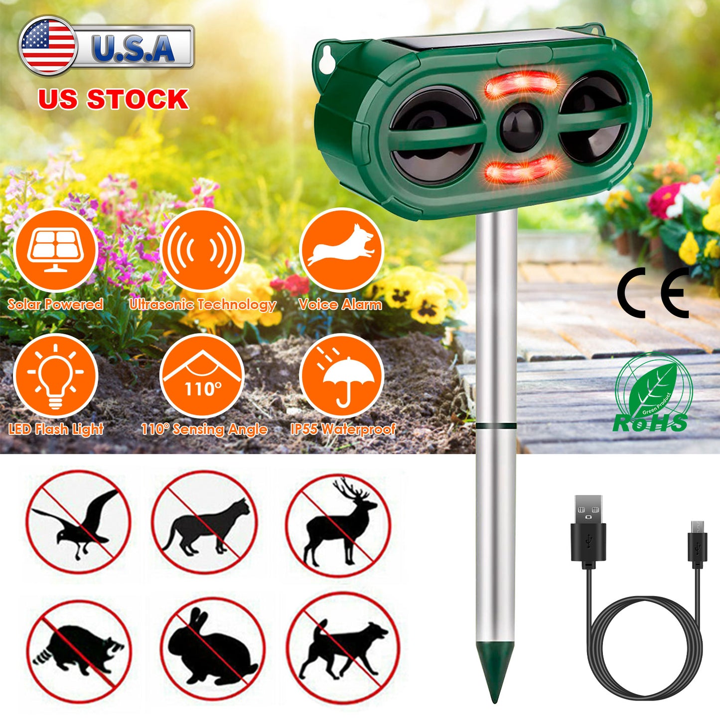 LJGelectro - Solar Ultrasonic Animal Repeller Motion Sensor Animal Repellent USB Animal Chaser IP66 Waterproof for Farm Garden Yard to Drive Deer Raccoon Squirrel