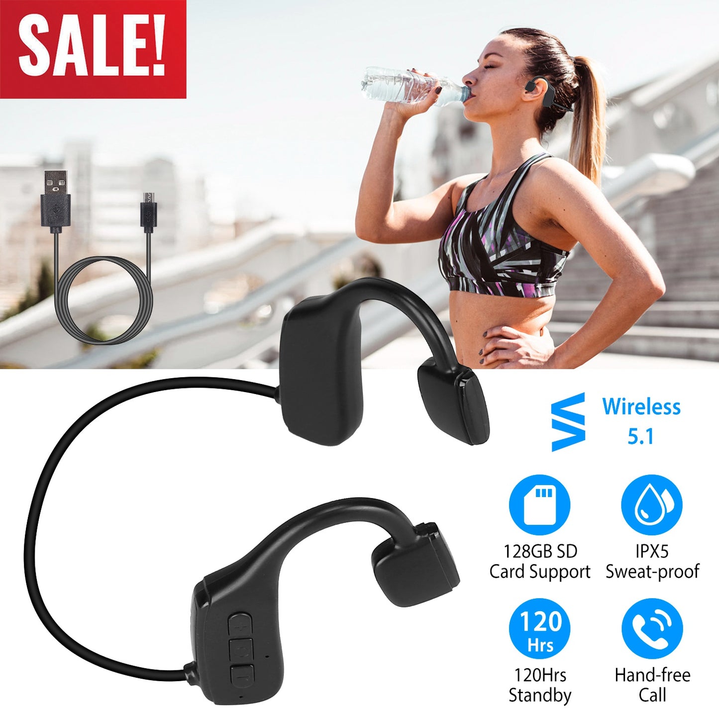 LJGelectro - Wireless V5.1 Bone Conduction Headphone Open Ear Sports Wireless Headset with Mic IPX5 Sweatproof