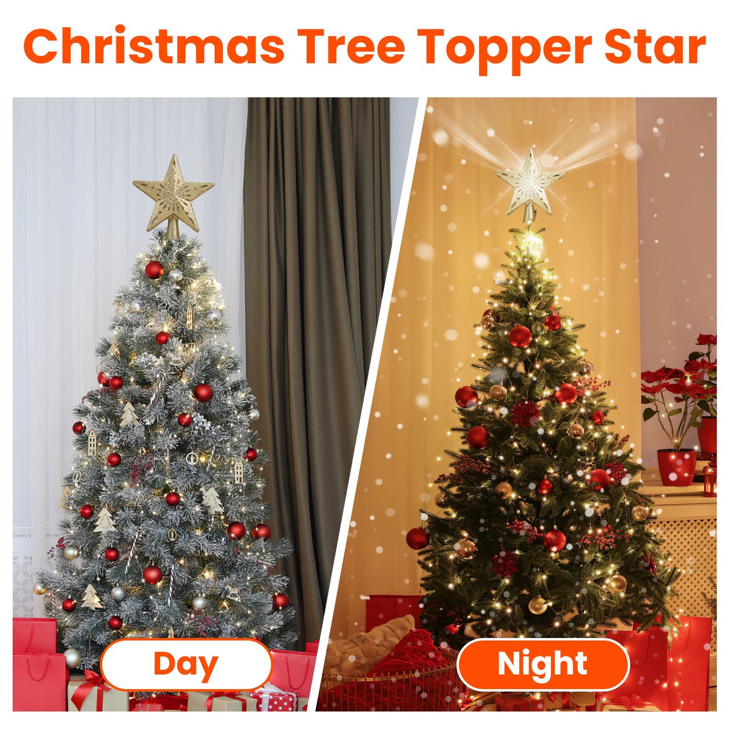 LJGelectro - Christmas Tree Topper Star with Projector Light White Revolving White Snowflake Pattern LED Treetop Hollow Golden Glitter Star For Christmas Tree Deco