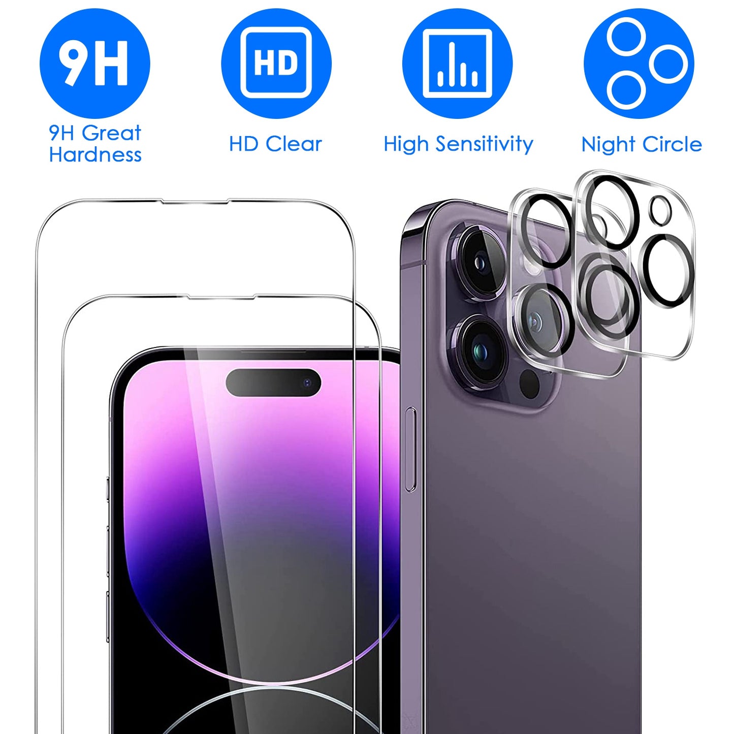 LJGelectro - 2Pcs HD Clear Screen Protectors 2Pcs Camera Len Protectors Tempered Glass Film Full Coverage Screen Protector Set Fit for IOS Phone 14/14Plus/14Pro/14