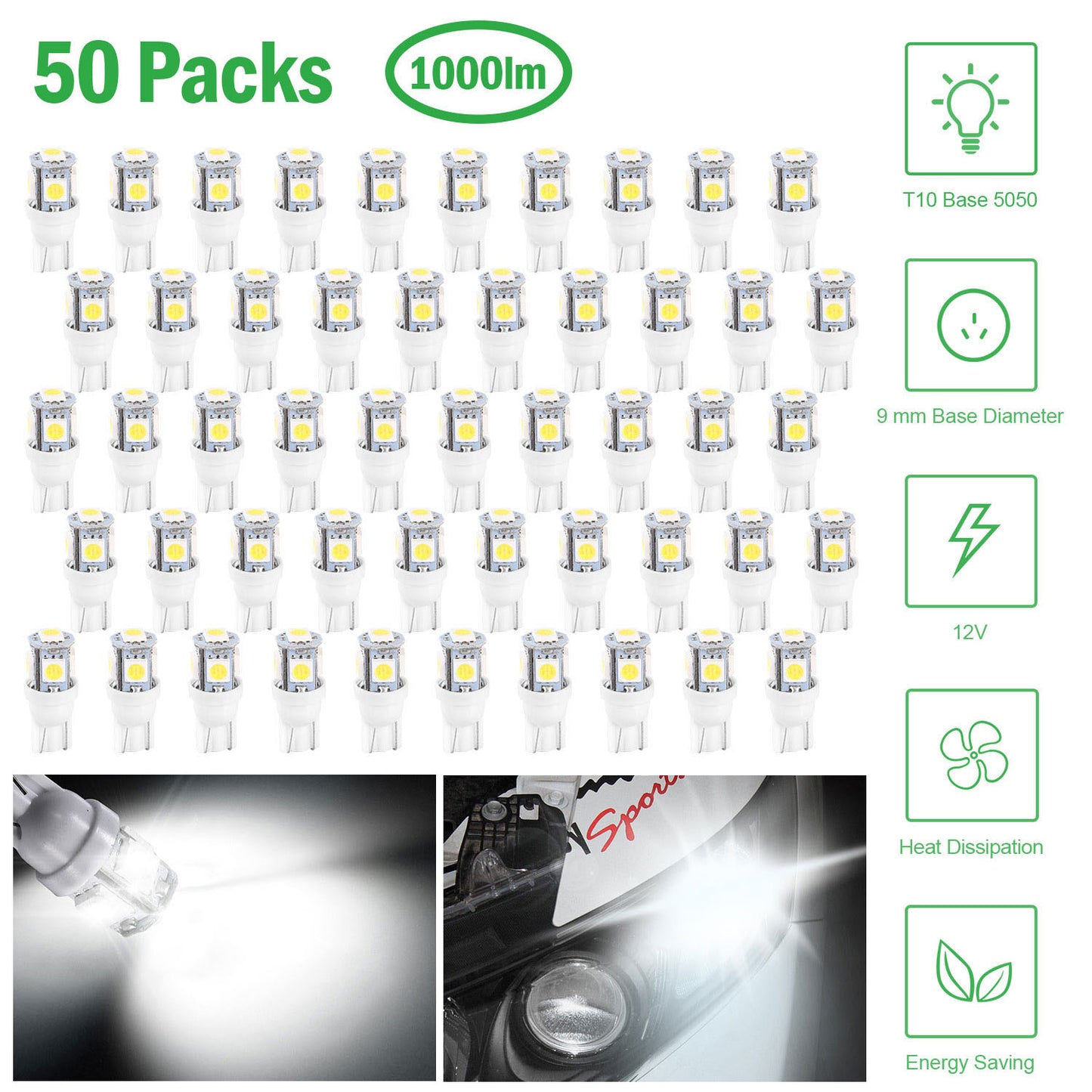 LJGelectro - 50Pcs/Kit LED Car Light Bulbs 1000lm T10 Base 5050 6000K White Auto Lamps Replacement for Dome Map Door Trunk Signal License Plate