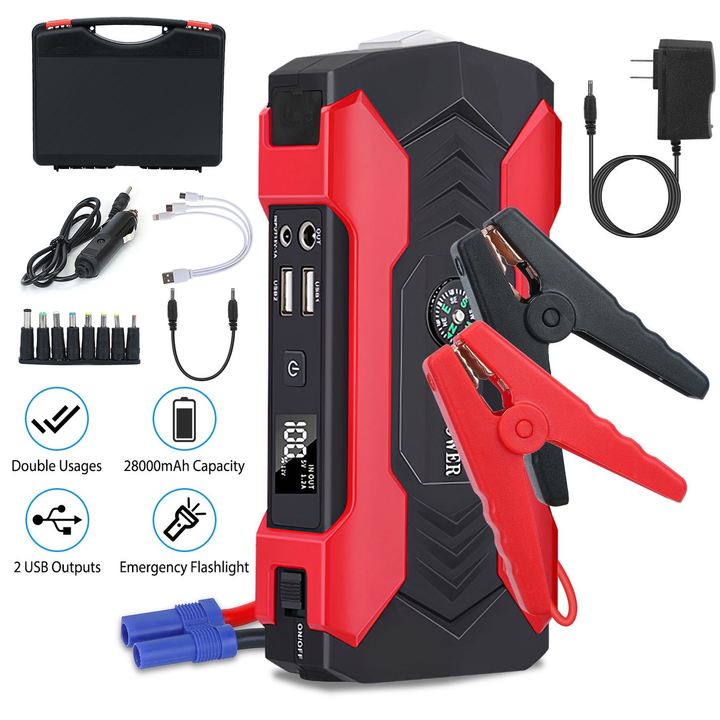 LJGelectro - Car Jump Starter Booster 800A Peak 28000mAh 12V Battery Charger (Up to 6.0L Gas or 3.0L Diesel Engine) w/ LCD Screen 4 Modes LED Flashlight