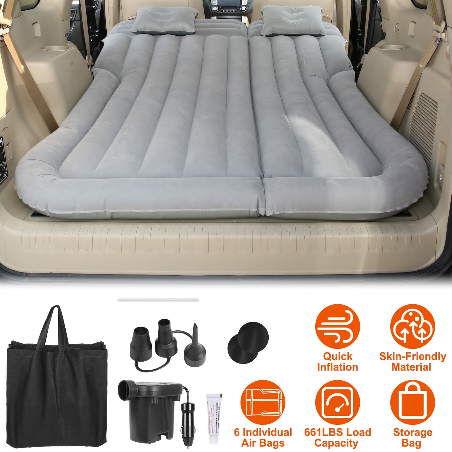 LJGelectro - Inflatable SUV Air Mattress Thickened Camping Bed Cushion with Pillow Air Pump Storage Bag PVC Flocked Car Bed for Home Car Travel Camping