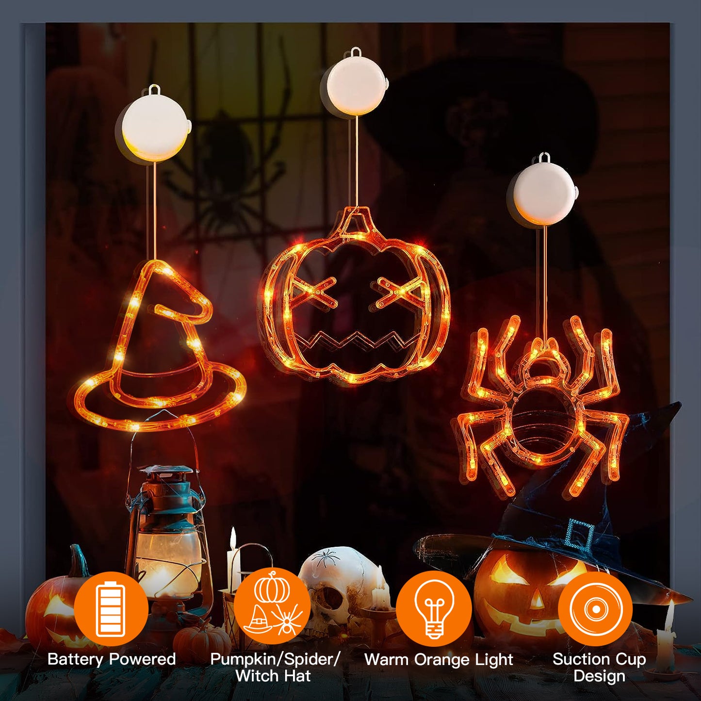 LJGelectro - 3 Pack Halloween Window Light Spider Witch Hat Pumpkin with Orange Light Hanging Halloween Decoration Light with Suction Cup Hanging Holes