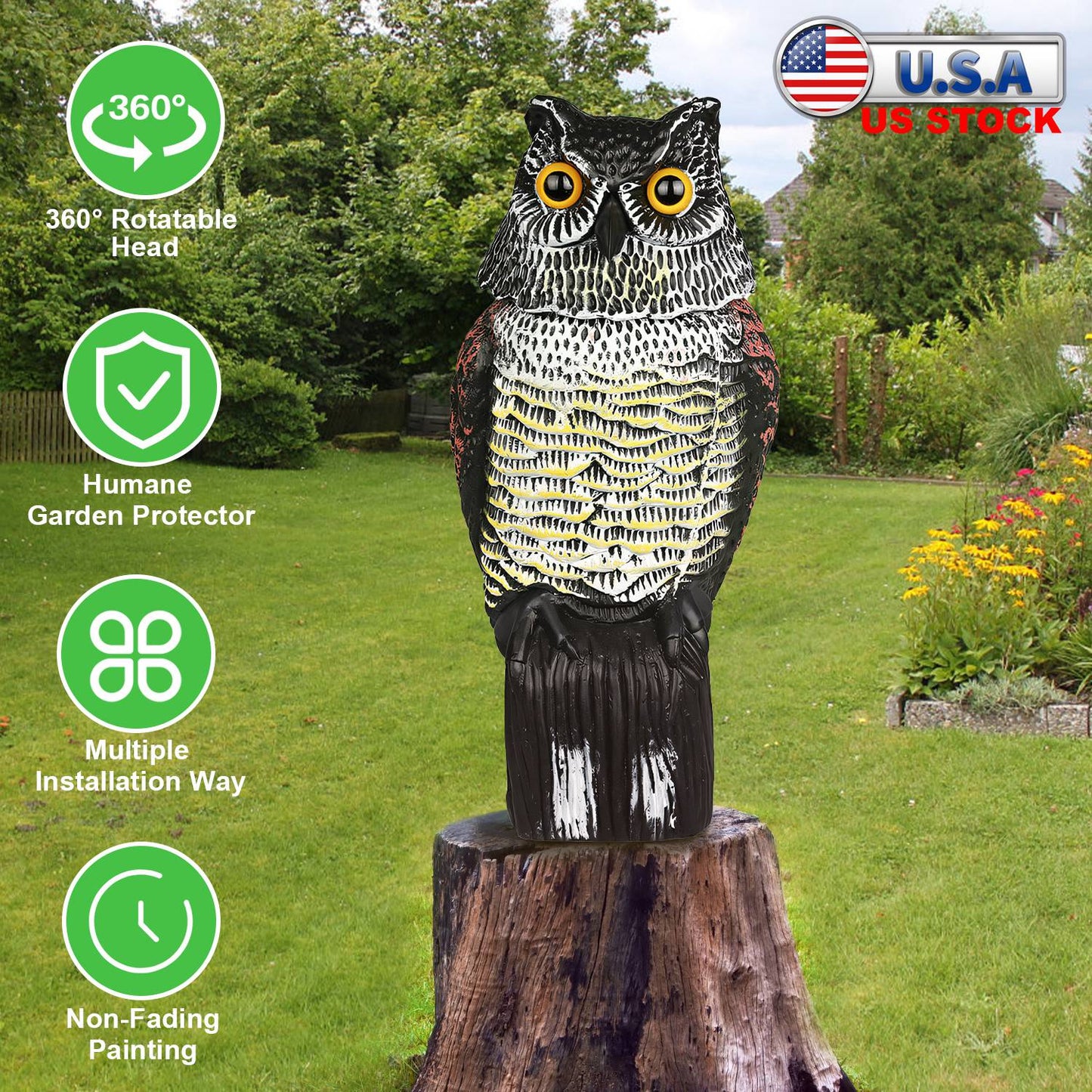 LJGelectro - Lifelike Owl Decoy with 360 Degree Rotatable Head Scare Bird Squirrel Away Pest Repellent Bird Deterrent Outdoor Garden Yard Protector