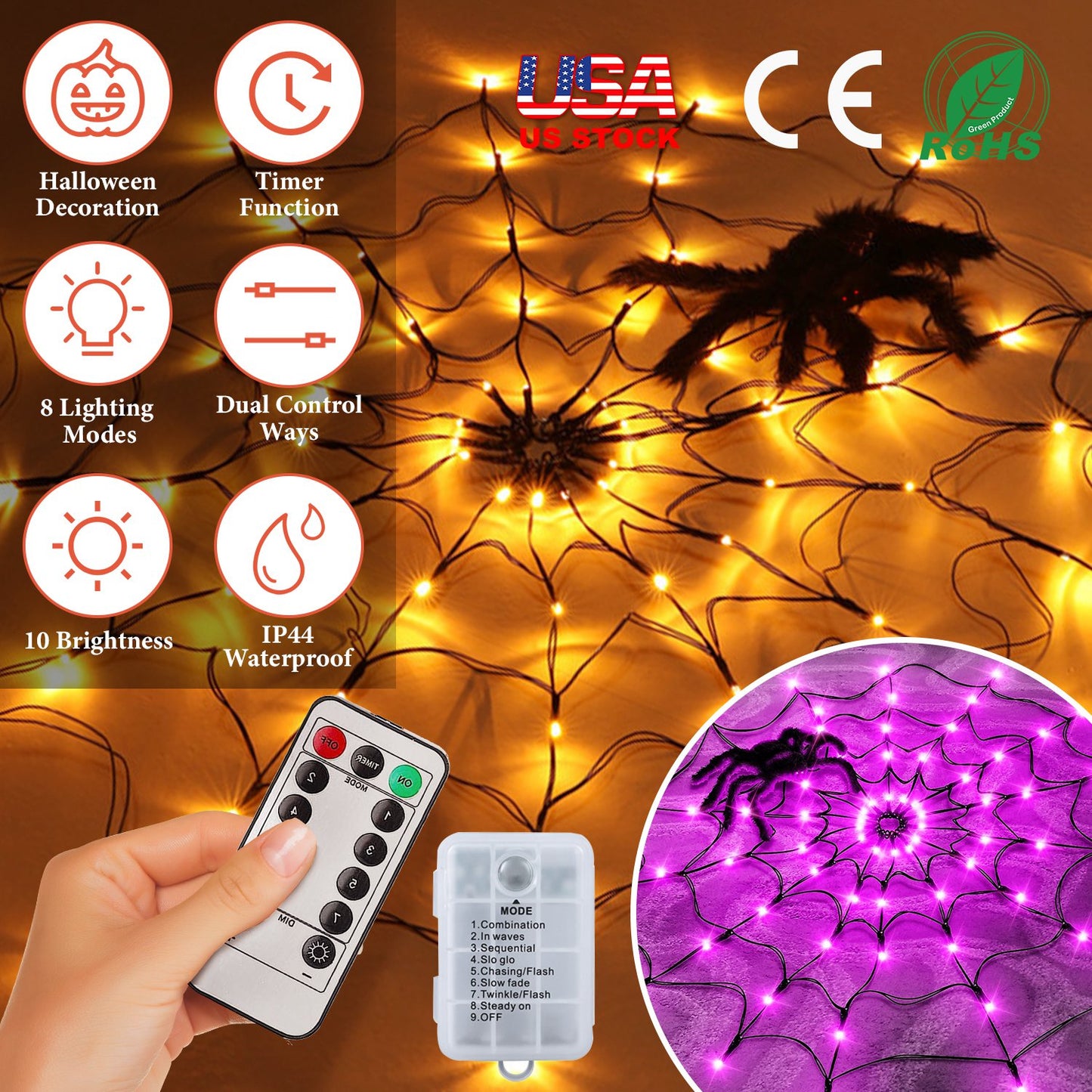 LJGelectro - 3.28FT Spider Web Light with Hairy Spider 70LED Battery Powered Remote Control 8 Lighting Modes Glowing Outdoor Indoor Wall Halloween Decoration