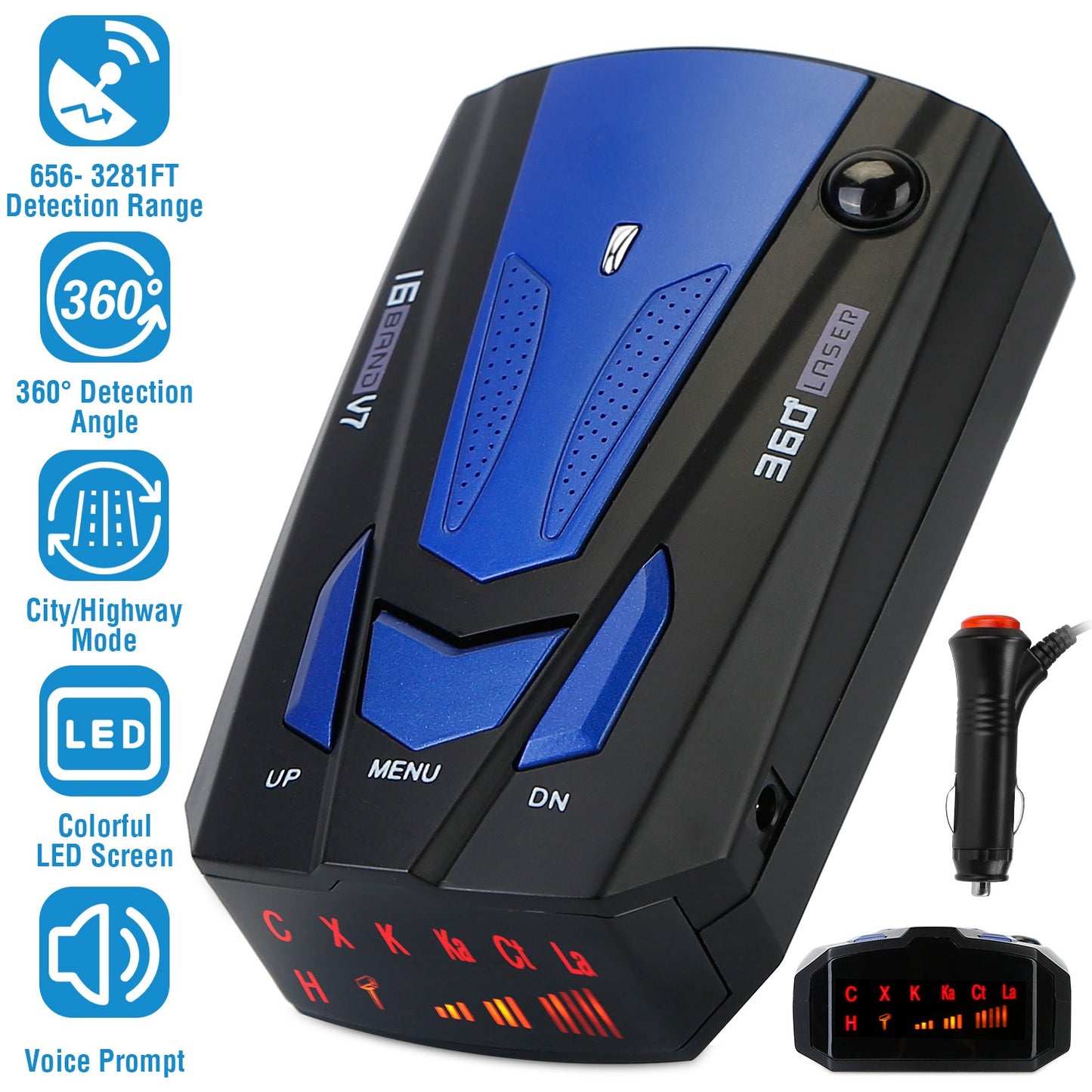 LJGelectro - Radar Detector Car 16 Band V7 Speed Safety Voice Alert Car Radar LED Display City Highway Mode Auto 360° Detection