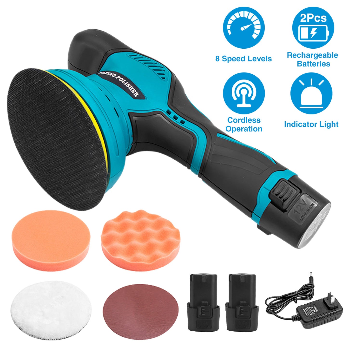 LJGelectro - Cordless Car Buffer Polisher with 2Pcs 1500mAh Rechargeable Batteries 8 Speed Levels Wireless Polishing Waxer Machine Kit for Car Detailing