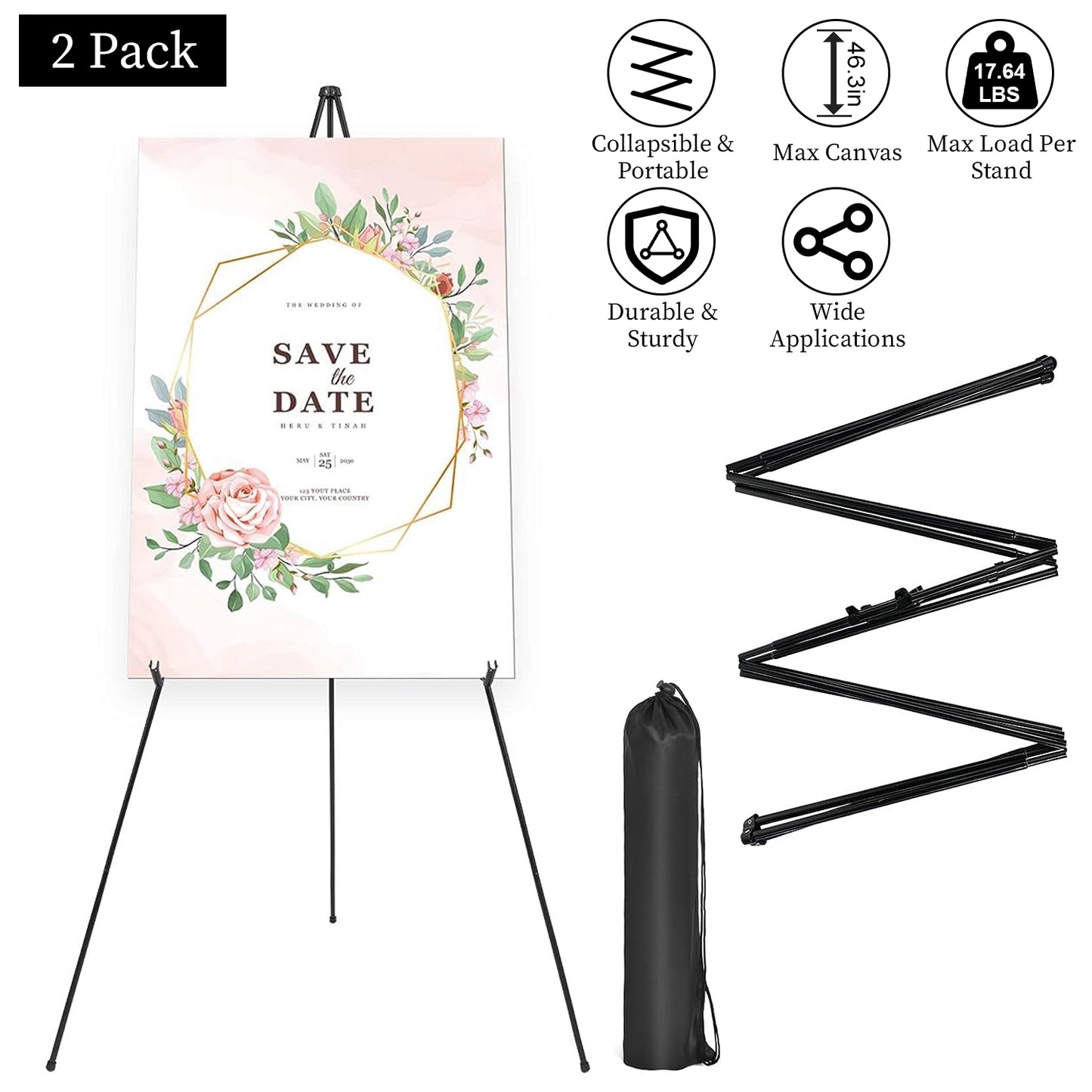 LJGelectro - 2 Pack Easel Stand for Display 61in Collapsible A Frame Tripod Easel Iron Alloy Drawing Stand with 2 Carry Bags for Wedding Poster Art Drawing Meeting