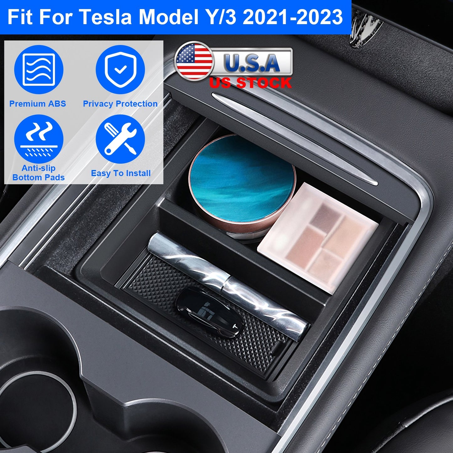 LJGelectro - Center Console Organizer Tray Fit For 2021 2022 2023 Tesla Model 3 Model Y Armrest Drawer Storage Box with 2Pcs Silicone Pads