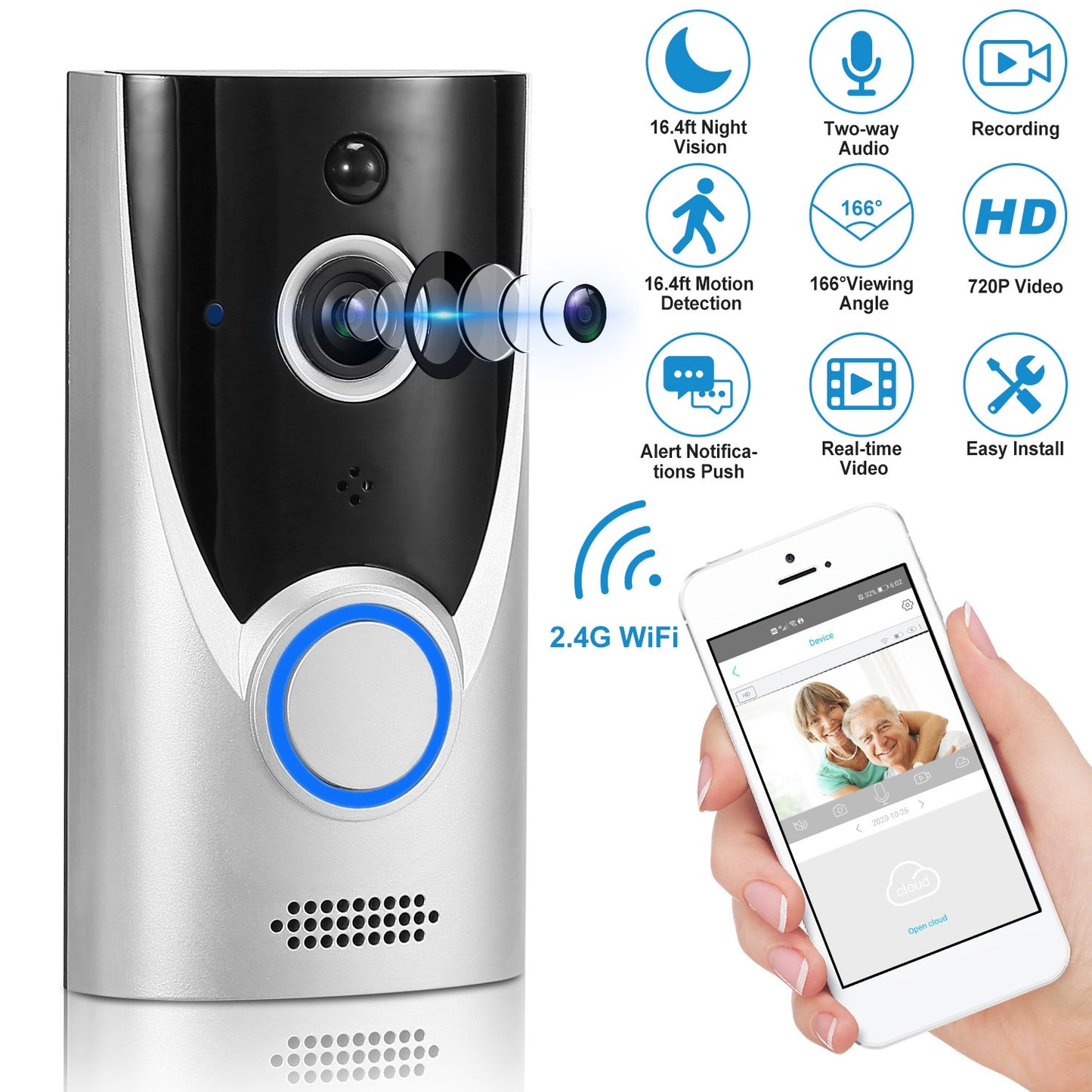 LJGelectro - WiFi Video Doorbell Wireless Door Bell 720P HD WiFi Security Camera w/ Two-way Talk PIR Motion Detection IR Night Vision Home Security Camcorder Offic