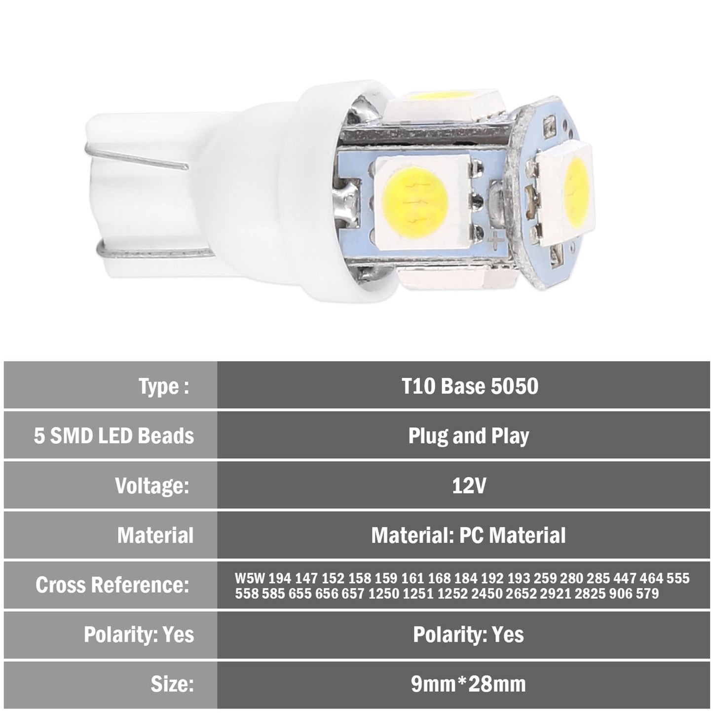 LJGelectro - 50Pcs/Kit LED Car Light Bulbs 1000lm T10 Base 5050 6000K White Auto Lamps Replacement for Dome Map Door Trunk Signal License Plate